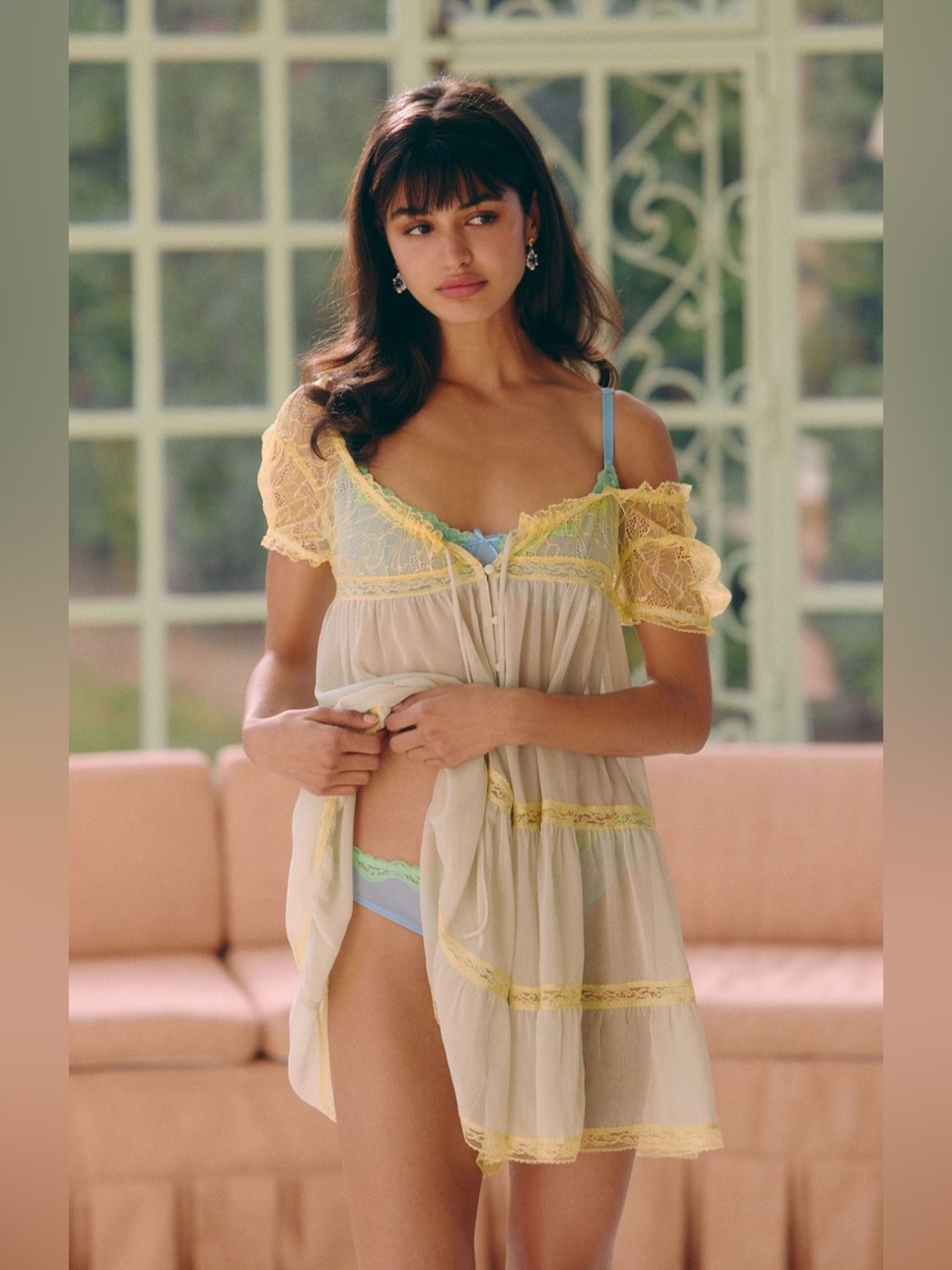 LyreBird Sheer Lace-Trim Babydoll Dress